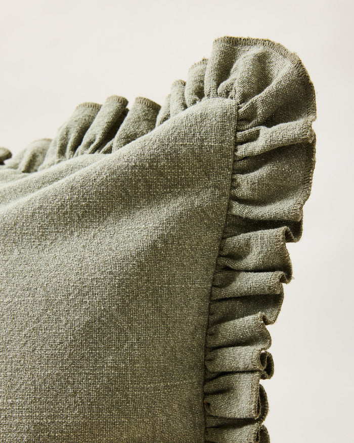 Slubby Cotton Ruffle Throw Pillow — close view of Olive cotton texture and ruffle; Farmhouse Pottery