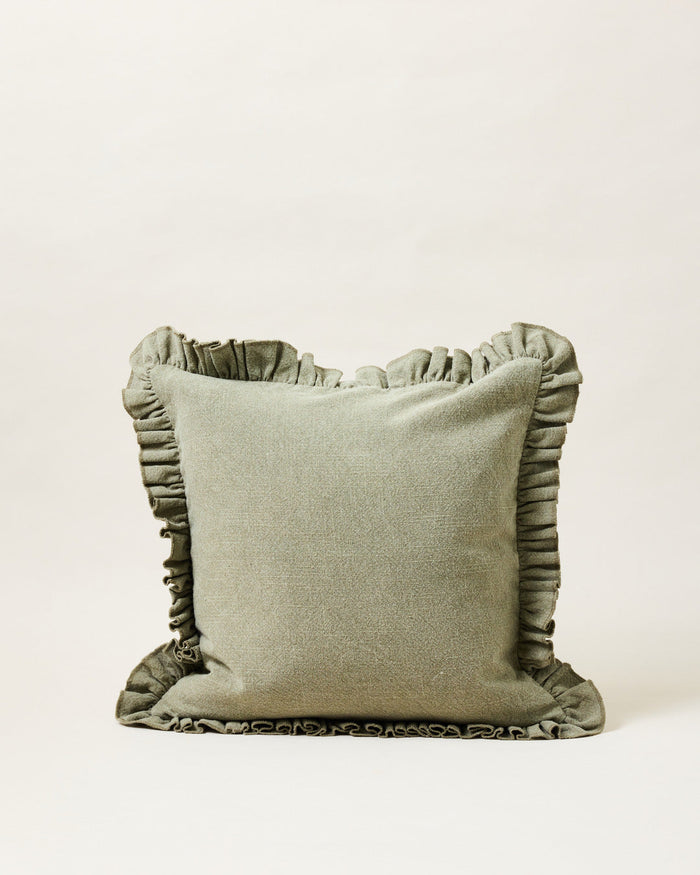 Slubby Cotton Ruffle Throw Pillow — Olive pillow shown individually; Farmhouse Pottery