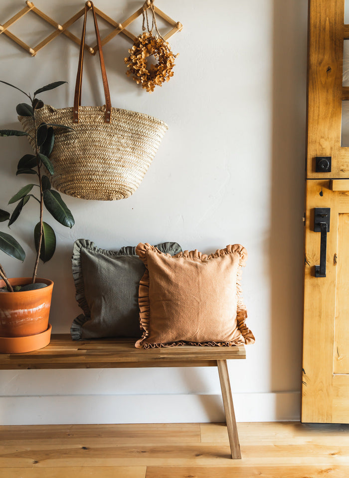 Slubby Cotton Ruffle Throw Pillow — pillows on an entryway bench; Farmhouse Pottery