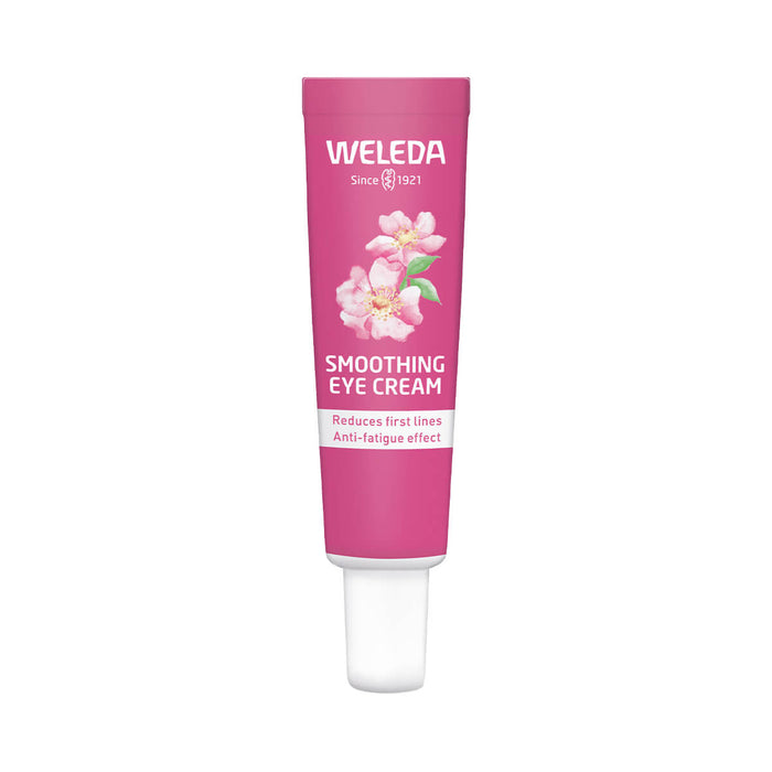 12ml tube of Weleda Smoothing Eye Cream with wild rose and white tea, reduces fine lines and has an anti-fatigue effect.