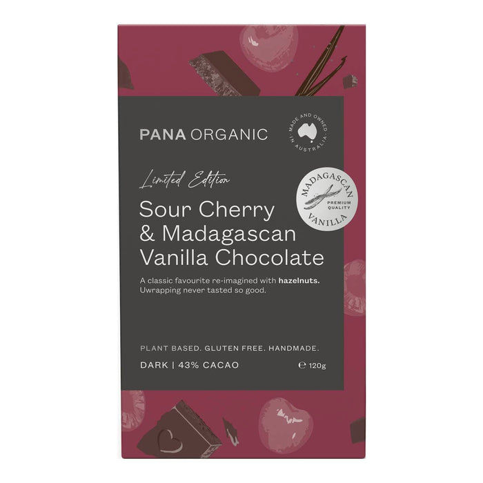Pana Organic Sour Cherry & Madagascan Vanilla Chocolate packaging on a white background. Plant based. Gluten free. Handmade.