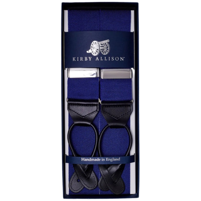 An adjustable pair of Sovereign Grade Solid Cornflower Braces in a KirbyAllison.com box.