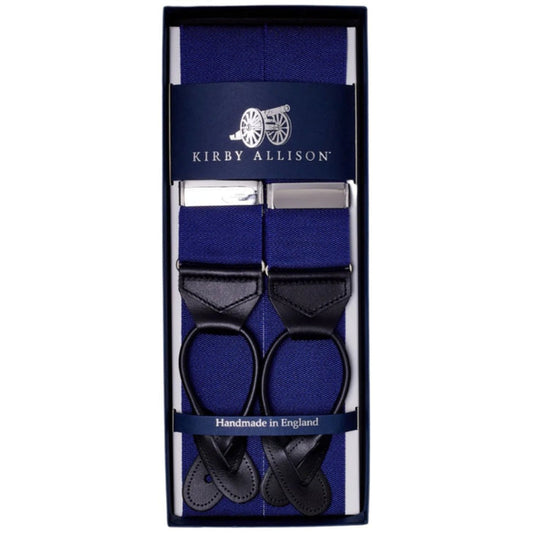 An adjustable pair of Sovereign Grade Solid Cornflower Braces in a KirbyAllison.com box.