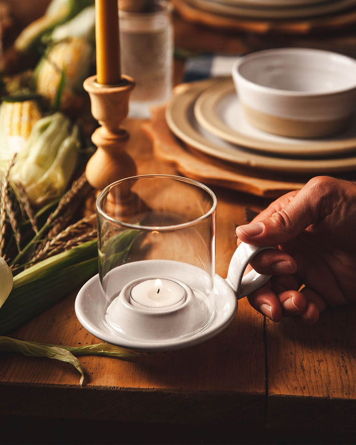 Soy Tealight Candles — tealight beneath a glass hurricane; Farmhouse Pottery