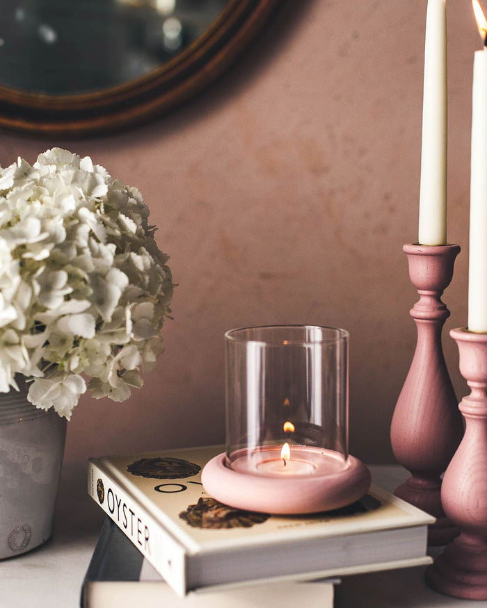 Soy Tealight Candles — candlelit hurricane on a side table; Farmhouse Pottery