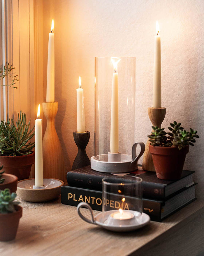 Soy Tealight Candles — tealights in glass-shaded stoneware holders; Farmhouse Pottery