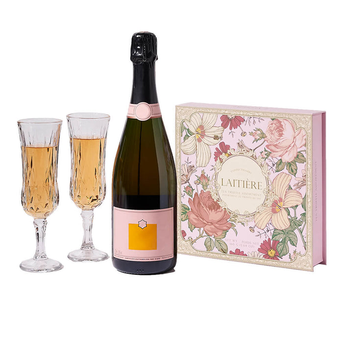 Sparkling Wine Gift Box Featuring Laitière Chocolate Truffles and Elegant Flutes – gift basket with bottle of sparkling wine, laitiere tea truffle