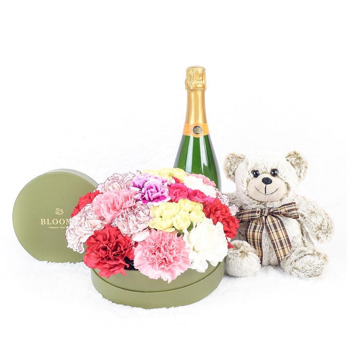 Sparkling Wine Gift with Plush Bear and Assorted Chocolate Truffles – gift basket with bottle of sparkling wine/champagne