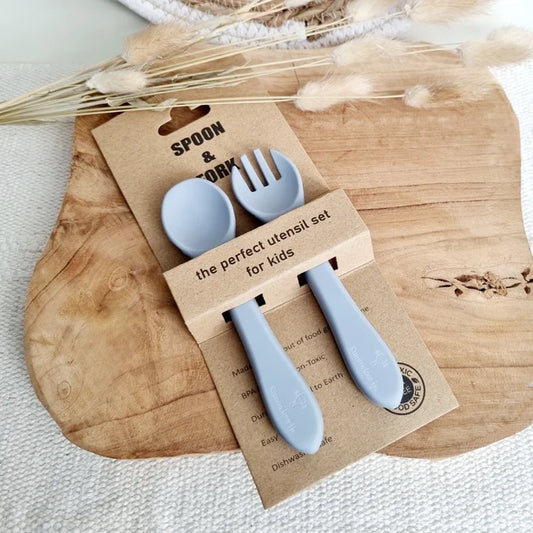 Rammelaartje - Spoon & Fork - Silicone - Grey Blue - Packaging
