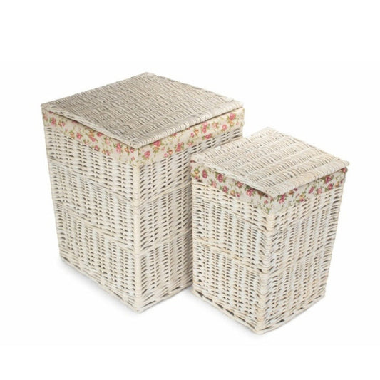Square White Wash Wicker Laundry Basket Rose Lining