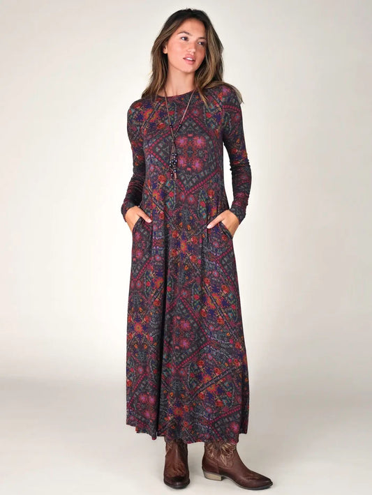 Stevie "ButterSoft" Knit Maxi Dress - Mandala Charcoal Folk Floral-view 1