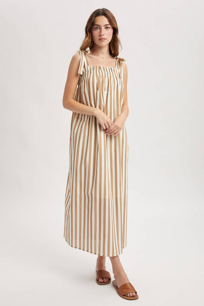 STRIPED SELF SHOULDER TIES MIDI DRESS / WL25-12502: CREAM/MOCHA