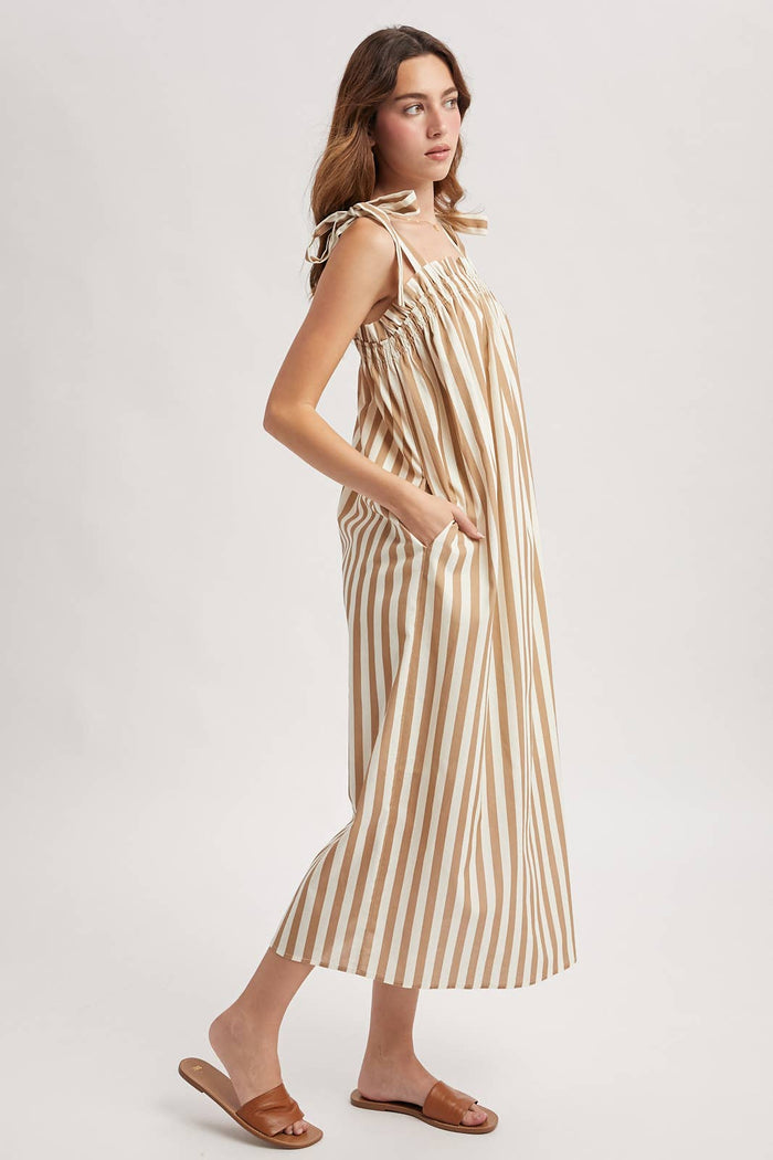 STRIPED SELF SHOULDER TIES MIDI DRESS / WL25-12502: CREAM/MOCHA
