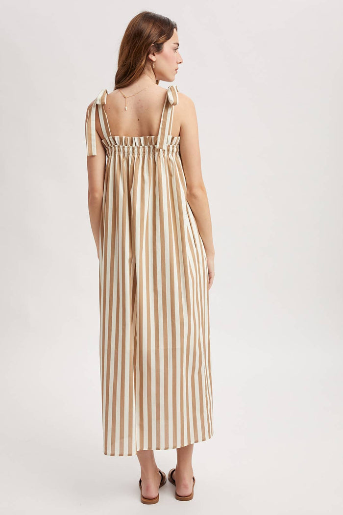 STRIPED SELF SHOULDER TIES MIDI DRESS / WL25-12502: CREAM/MOCHA
