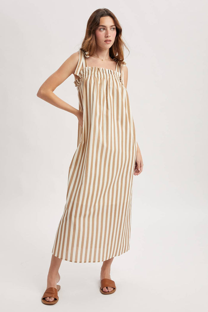 STRIPED SELF SHOULDER TIES MIDI DRESS / WL25-12502: CREAM/MOCHA