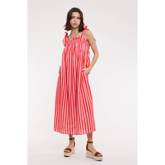 STRIPED SELF SHOULDER TIES MIDI DRESS / WL25-12502: CREAM/MOCHA