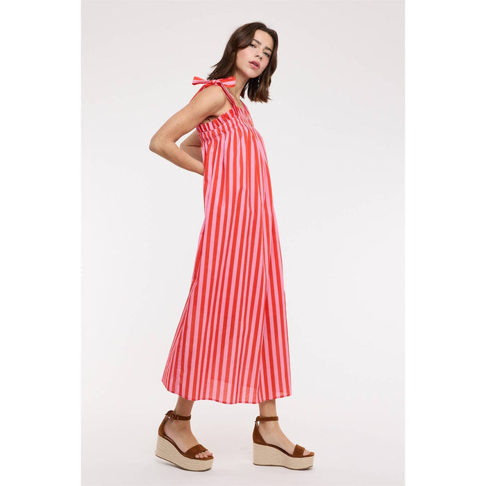 STRIPED SELF SHOULDER TIES MIDI DRESS / WL25-12502: CREAM/MOCHA