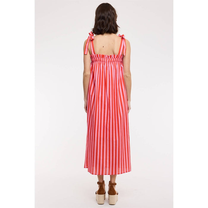 STRIPED SELF SHOULDER TIES MIDI DRESS / WL25-12502: CREAM/MOCHA