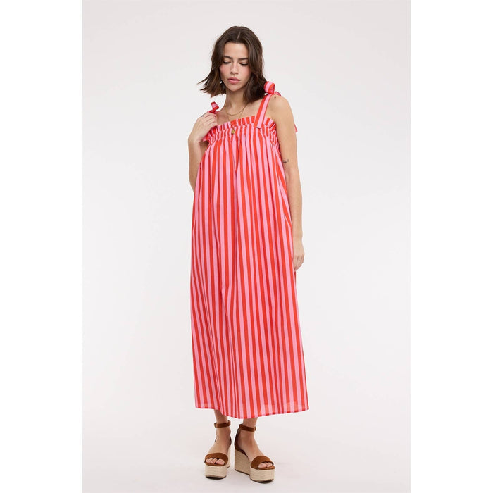 STRIPED SELF SHOULDER TIES MIDI DRESS / WL25-12502: CREAM/MOCHA