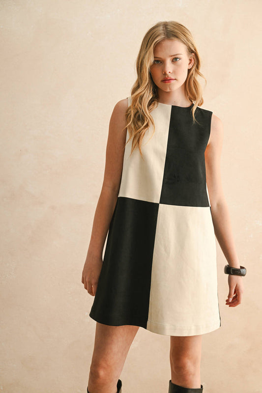 Suede Color Contrasted Shift Dress