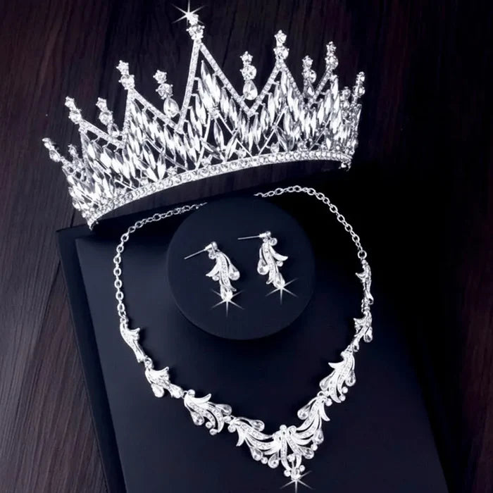Wedding Jewelry and Accessories - Silver Cubic Zirconia 3-Piece Bridal Jewelry Set With Tiara