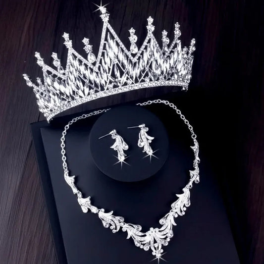 Wedding Jewelry and Accessories - Silver Cubic Zirconia 3-Piece Bridal Jewelry Set With Tiara