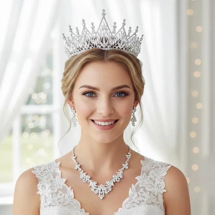 Wedding Jewelry and Accessories - Silver Cubic Zirconia 3-Piece Bridal Jewelry Set With Tiara