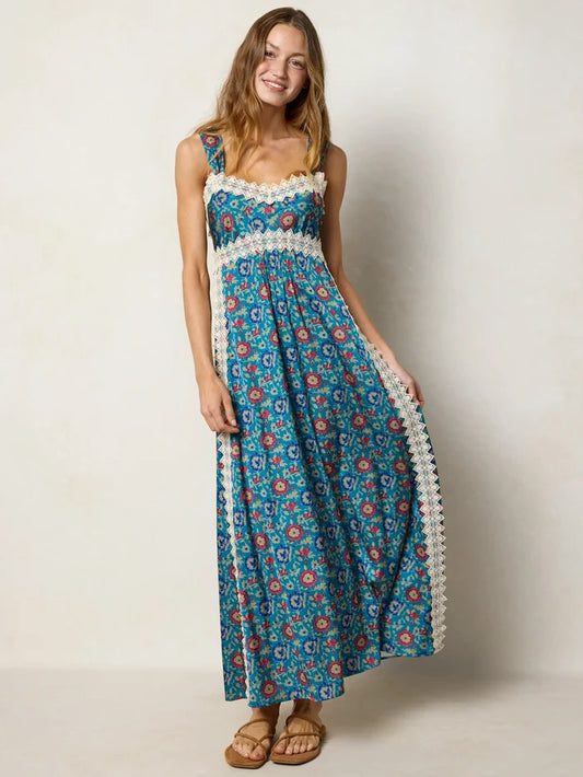Tennessee Lace Trim Maxi Dress - Peony Block Teal-view 1