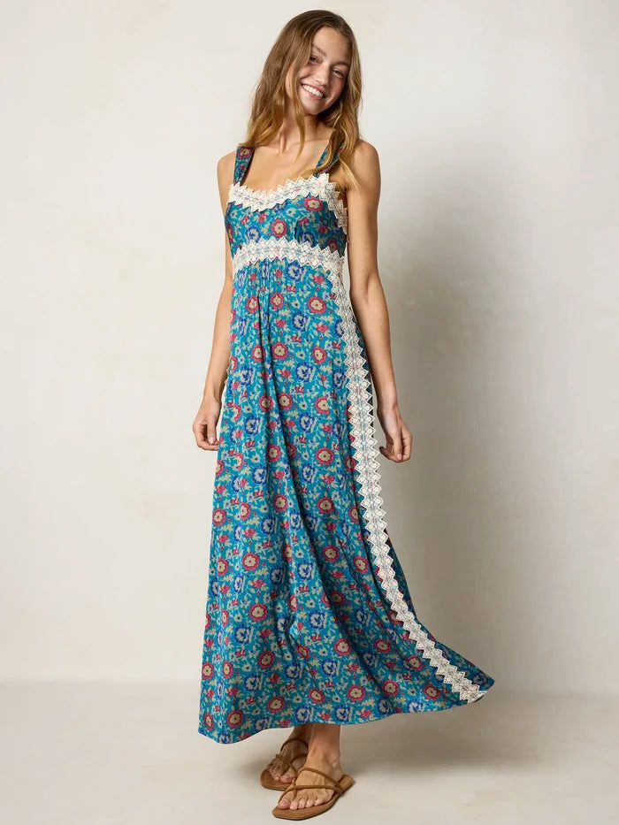 Tennessee Lace Trim Maxi Dress - Peony Block Teal-view 6