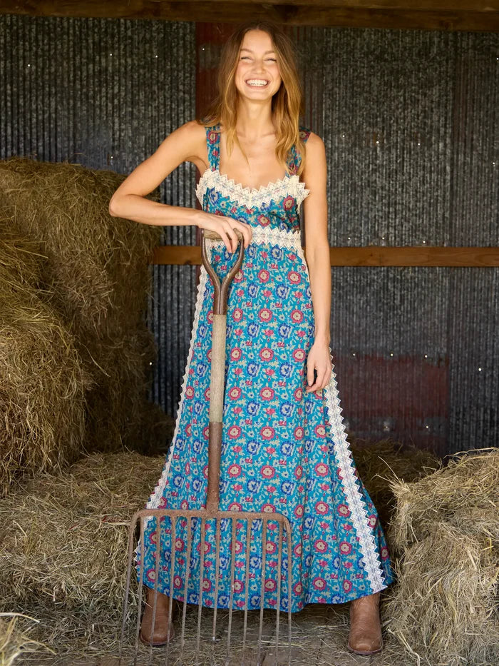 Tennessee Lace Trim Maxi Dress - Peony Block Teal-view 7