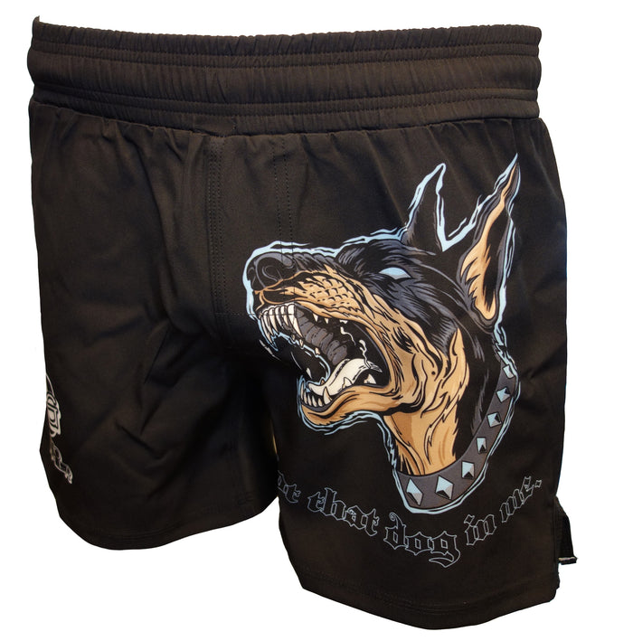 The Retro Grappler That Dog Grappling Shorts feature a bold snarling Doberman graphic with Be that dog in me text, perfect as lightweight BJJ shorts for your next jiu-jitsu session.