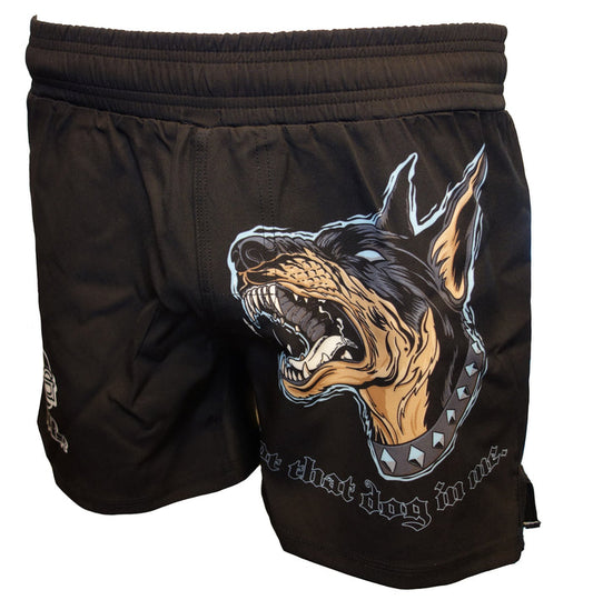 The Retro Grappler That Dog Grappling Shorts feature a bold snarling Doberman graphic with Be that dog in me text, perfect as lightweight BJJ shorts for your next jiu-jitsu session.