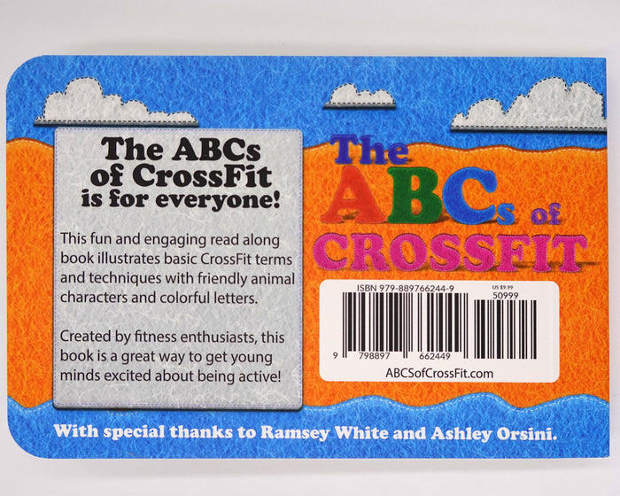 The back cover of The ABCs of CrossFit Childrens Book displays a vibrant blue and orange design, an intro to fitness and CrossFit for kids, a barcode, and a thank you note to Ramsey White and Ashley Orsini.