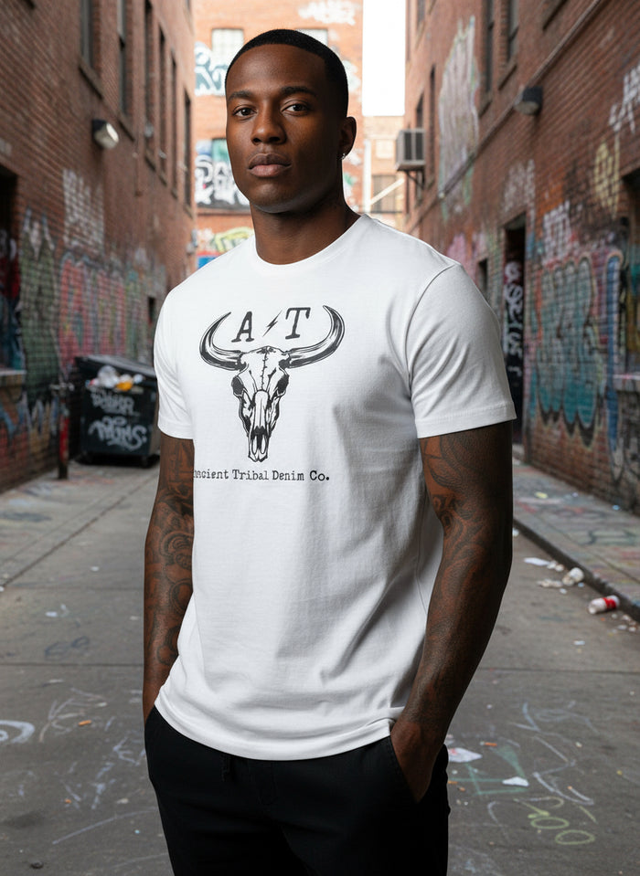 The Ancient-Tribal Denim Co. Pre-Shrunk White Bull Skull T-Shirt