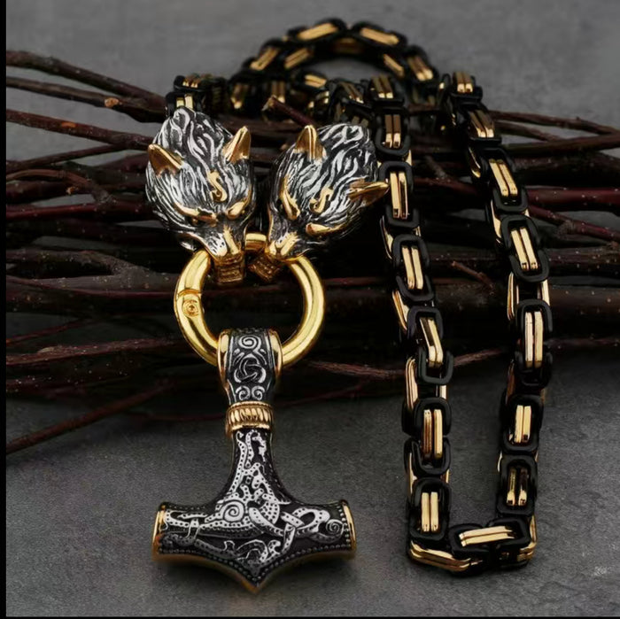 The God of Thunder - Black Stainless Steel Nordic Viking Wolf Head Thor Hammer Amulet Necklace