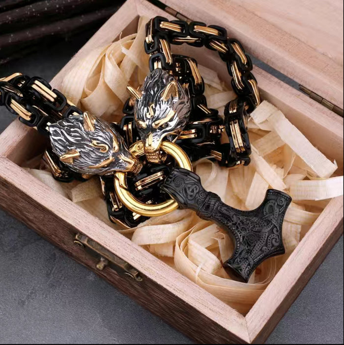 The God of Thunder - Black Stainless Steel Nordic Viking Wolf Head Thor Hammer Amulet Necklace