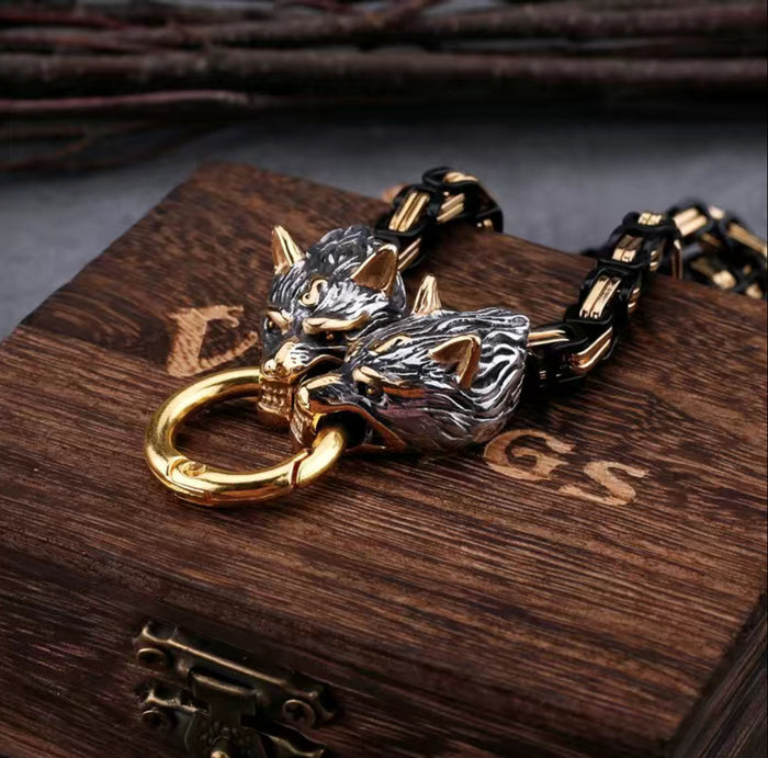 The God of Thunder - Black Stainless Steel Nordic Viking Wolf Head Thor Hammer Amulet Necklace