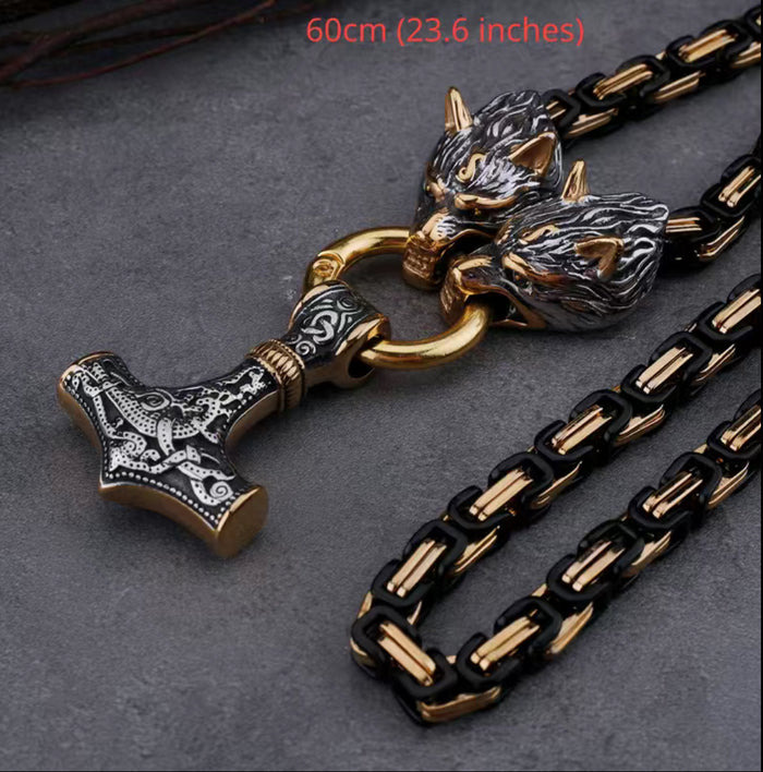 The God of Thunder - Black Stainless Steel Nordic Viking Wolf Head Thor Hammer Amulet Necklace