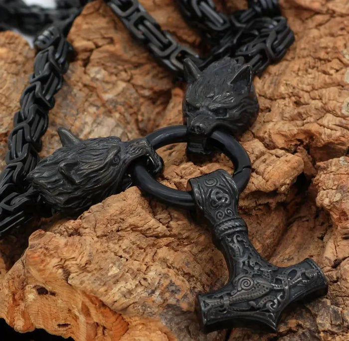 The God of Thunder - Black Stainless Steel Nordic Viking Wolf Head Thor Hammer Amulet Necklace