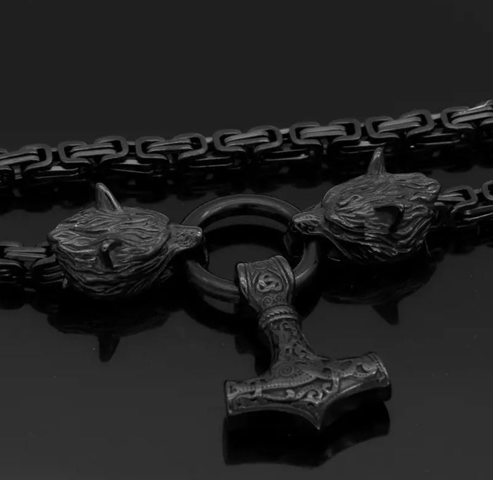 The God of Thunder - Black Stainless Steel Nordic Viking Wolf Head Thor Hammer Amulet Necklace