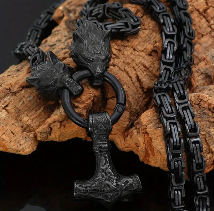 The God of Thunder - Black Stainless Steel Nordic Viking Wolf Head Thor Hammer Amulet Necklace