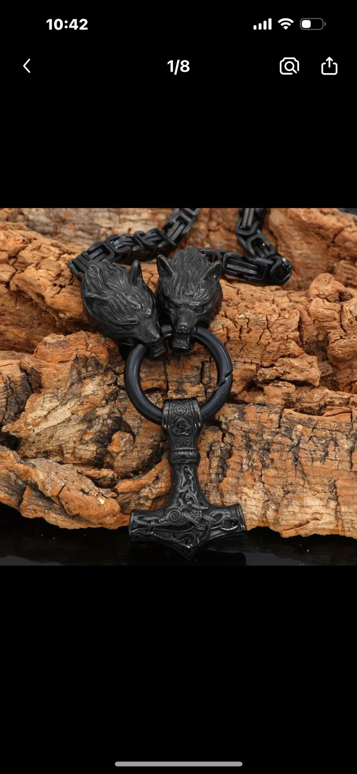 The God of Thunder - Black Stainless Steel Nordic Viking Wolf Head Thor Hammer Amulet Necklace
