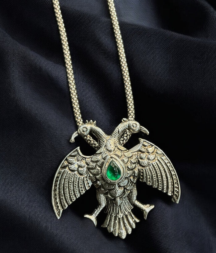 The Green Dvirupa Gandaberunda Silver Pendant/Brooch (Oxidised/Small)