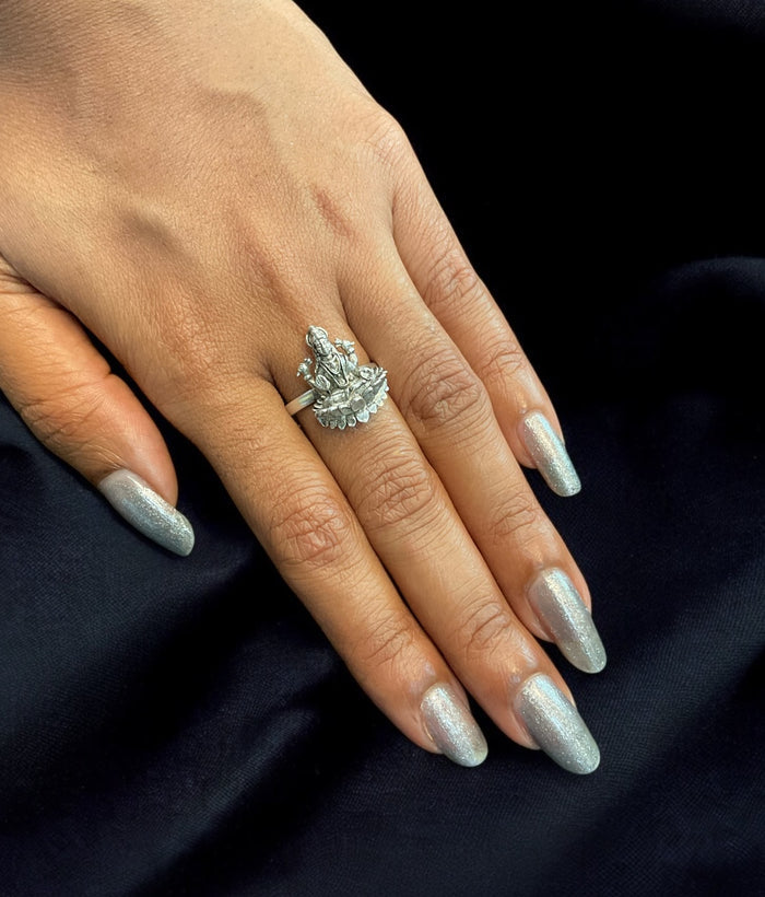 The Krutika Silver Lakshmi Adjustable Finger Ring