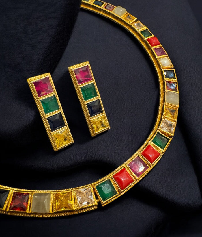 The Preksha Silver Navratna Necklace & Earrings