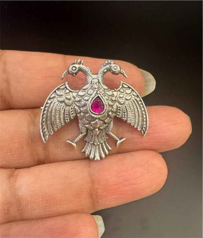 The Red Dvirupa Gandaberunda Silver Pendant/Brooch (Oxidised/Small)