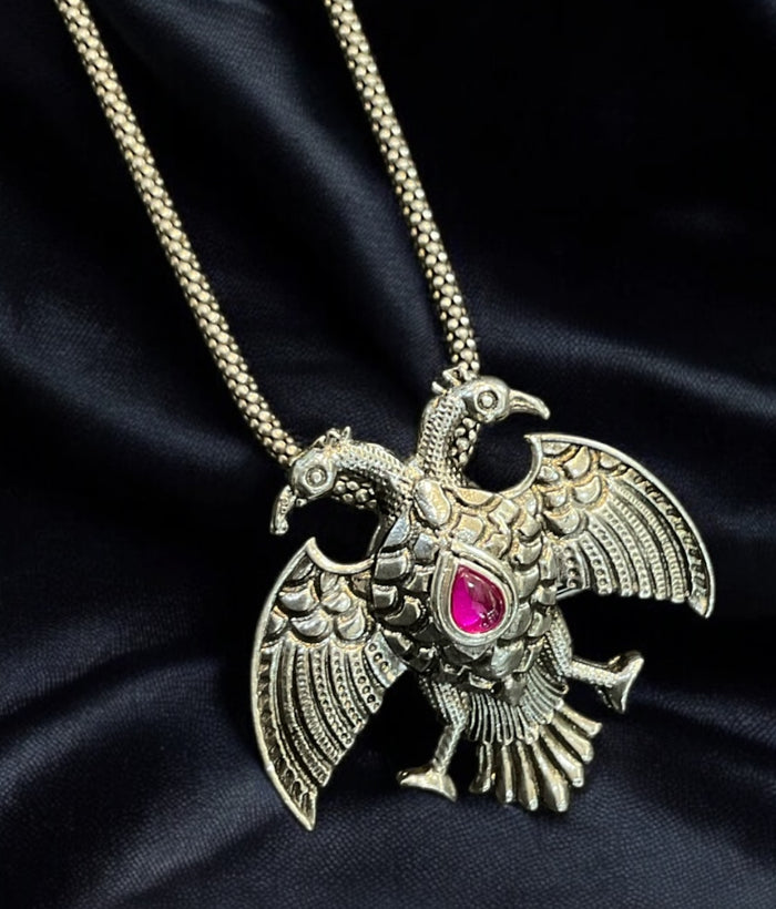 The Red Dvirupa Gandaberunda Silver Pendant/Brooch (Oxidised/Small)