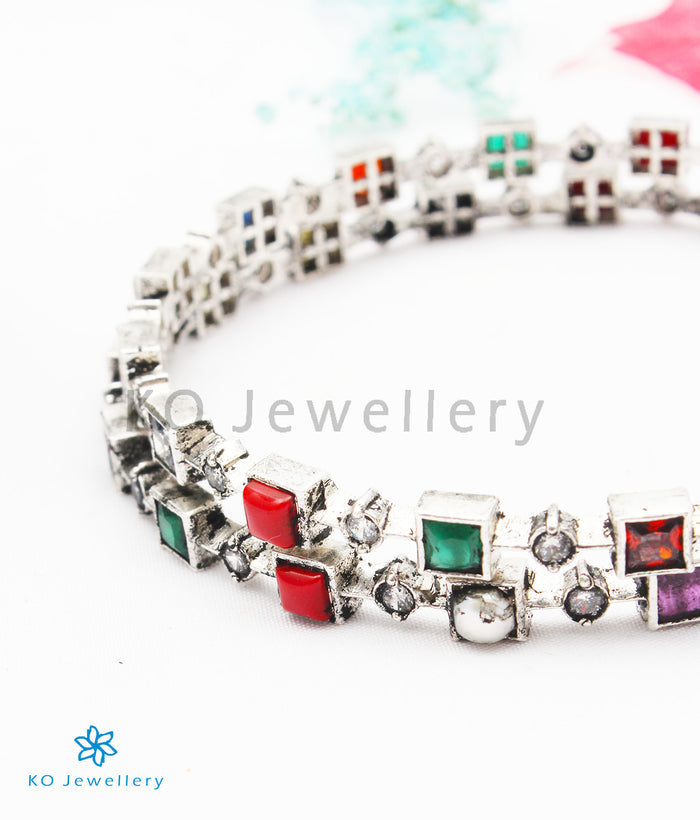 The Sahiti Silver Navratna Bangle (Oxidised/Size 2.2/2.4/2.6/2.8)