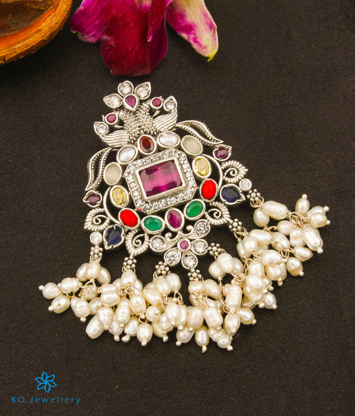 The Sattva Silver Navratna Peacock Pendant