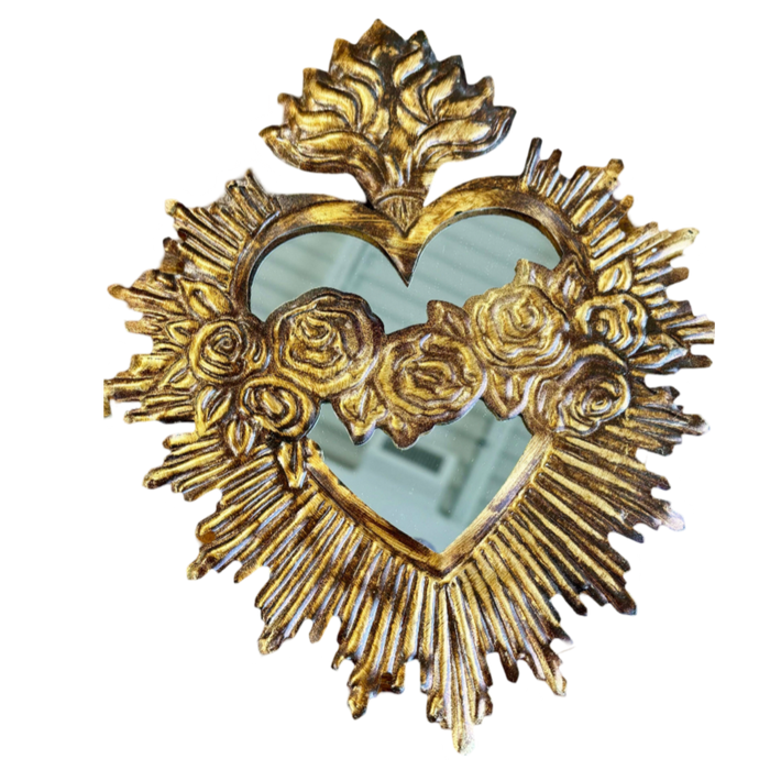 immaculate sacred heart gold tin rosary jesus mirror handmade